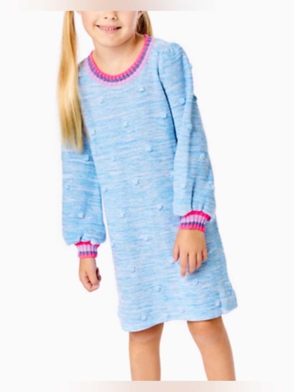 Lilly Pulitzer Girls' Light Blue Knit dress with Pink Trim